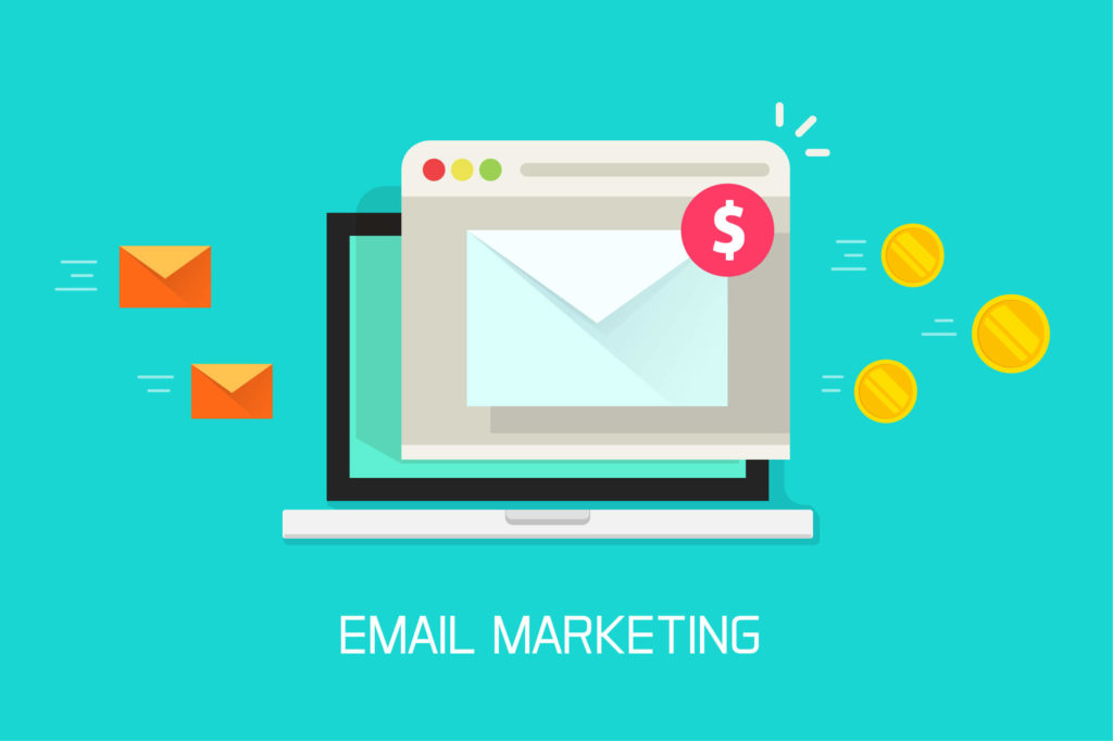 This graphic depicts a laptop with an email marketing window and dollar signs.